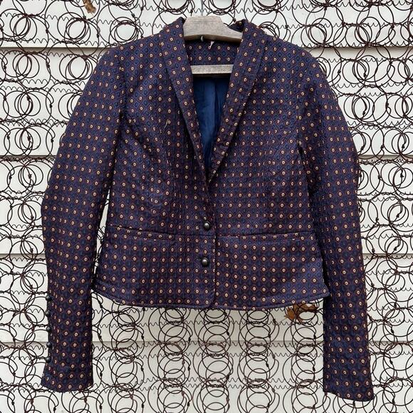 Free People Shrunken Jacquard Jacket Blazer Navy Maroon Geometric SMALL - Picture 3 of 11